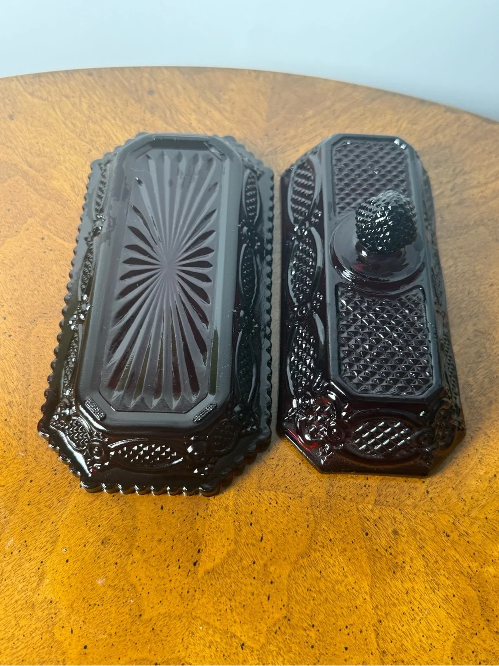 Vintage AVON Cape Cod Deep Ruby Glass Butter Dish with Acorn Finial